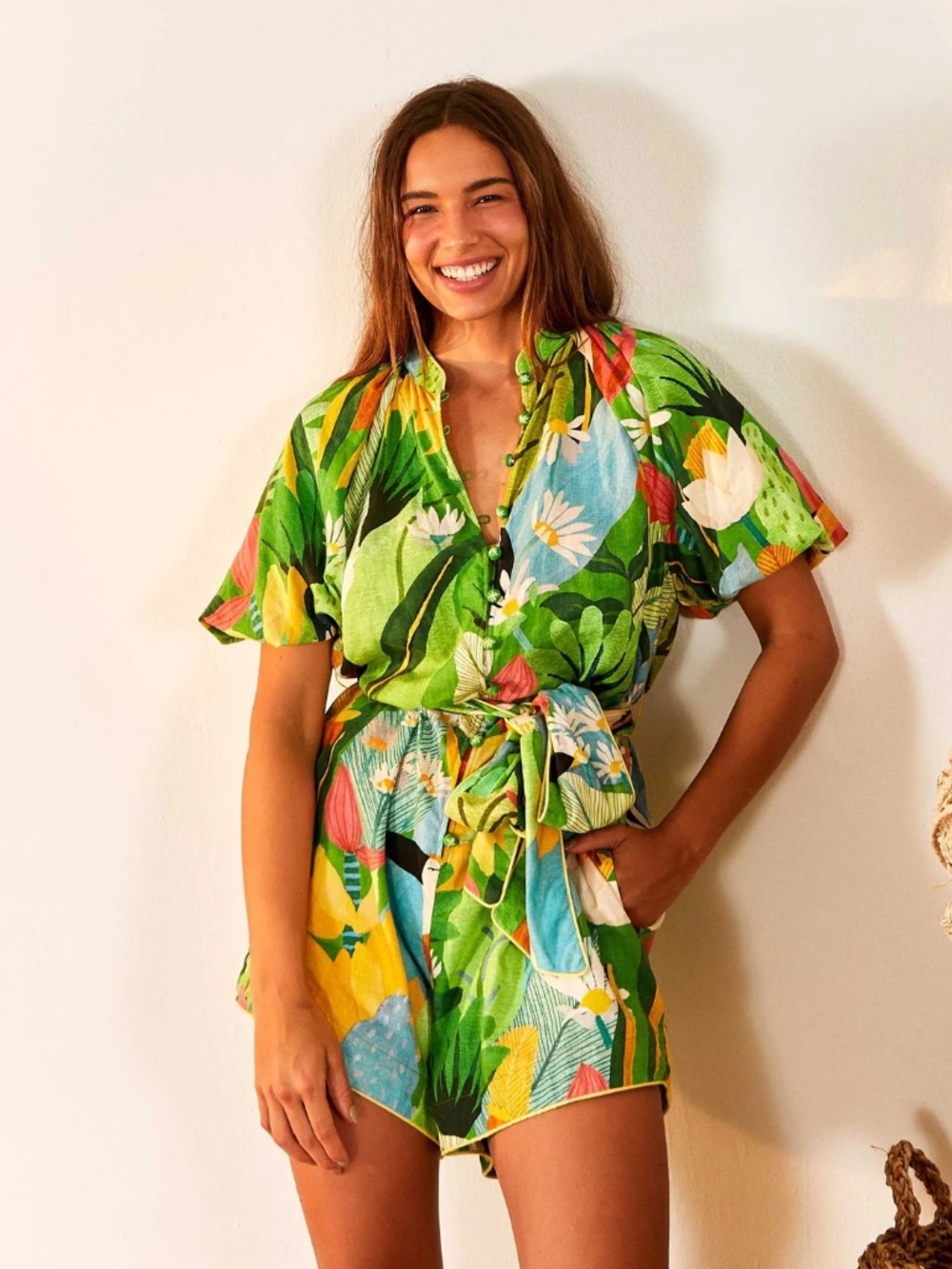 NWT FARM Rio Vintage Toucans Tropical Belted Romper Linen Blend - Size S 